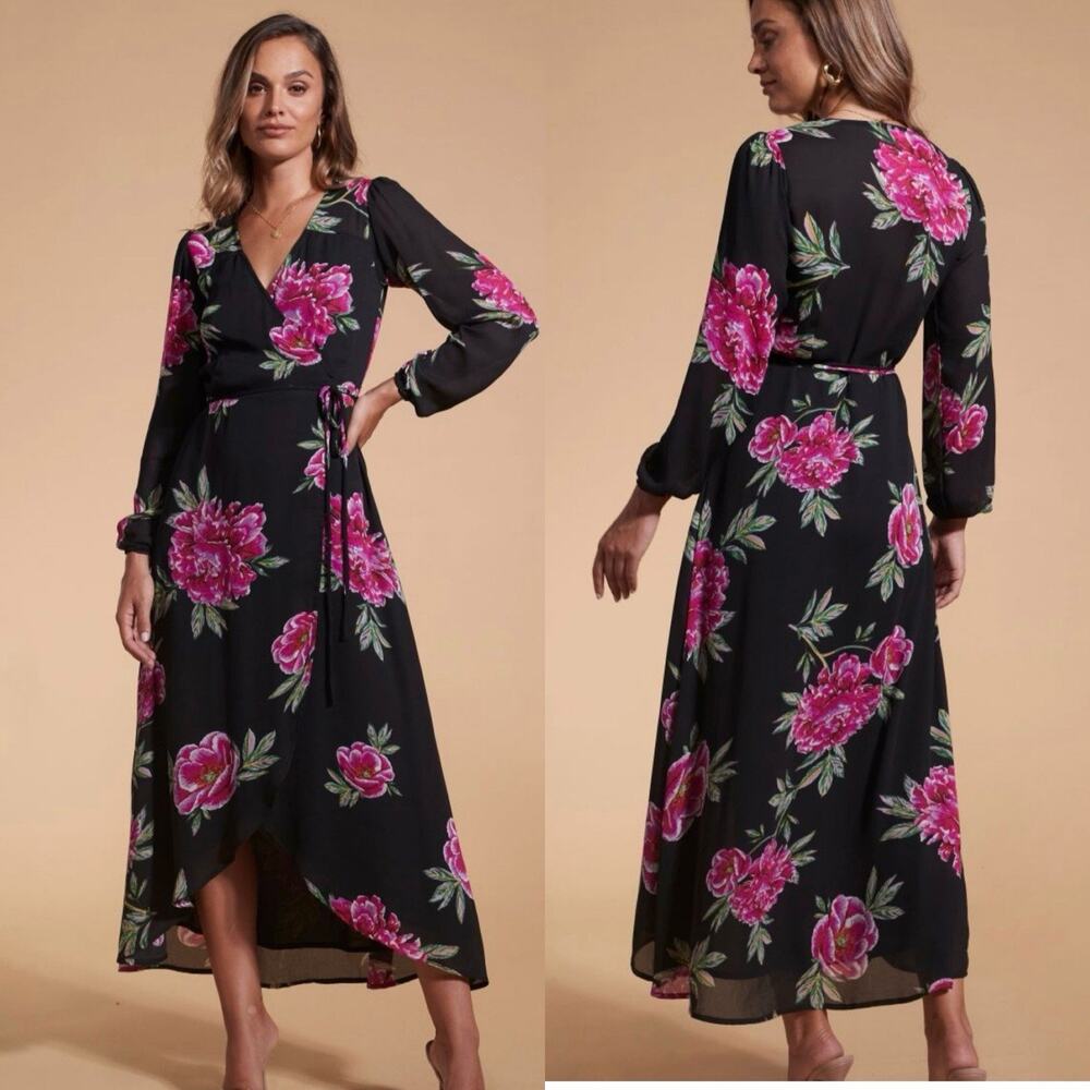 DANCING LEOPARD Jagger Maxi Wrap Midi Dress Size 6 Floral Black Pink Boho Artsy